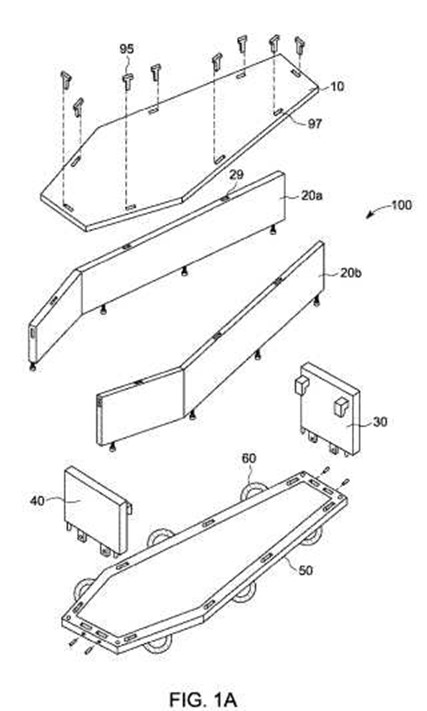 Patent drawing from UK Patent Application Number GB2200406.3 for "Environmentally Friendly And Quickly Assembled Flat Pack Coffin"