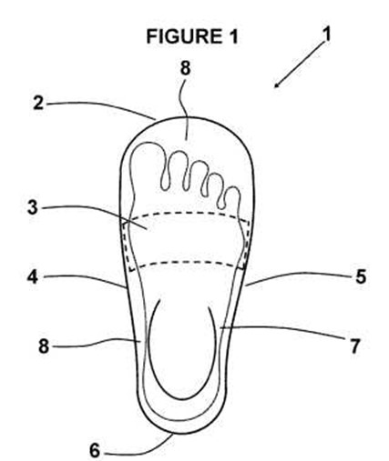 Patent drawing from UK Patent Application Number GB2113060.4 for "Single Shoe For Right And Left Feet"