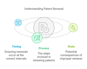 An image illustrating three key aspects to consider in respect of patent renewal: timing, process and risks